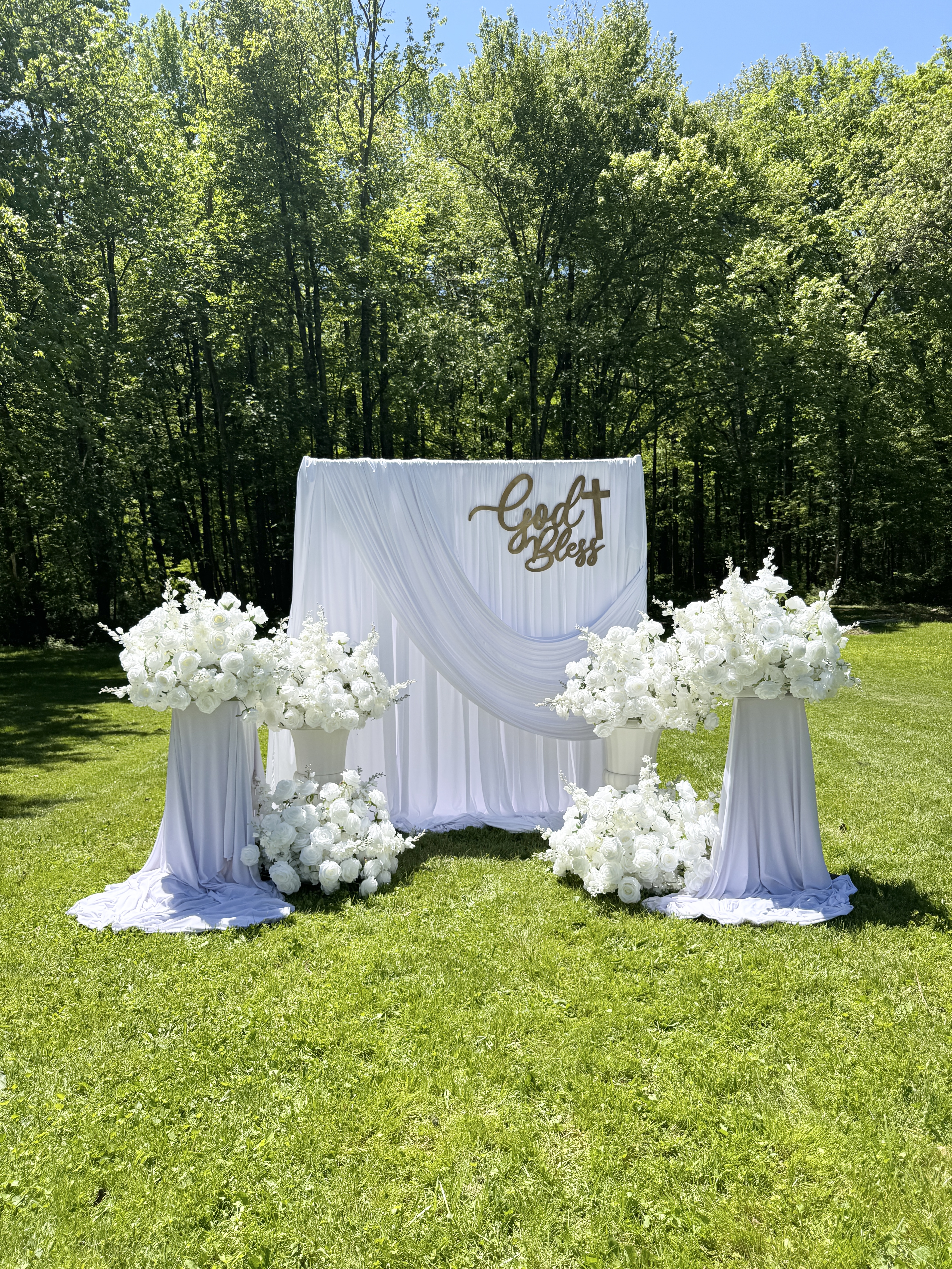 White rose draped communion and bridal shower backdrop in New Jersey