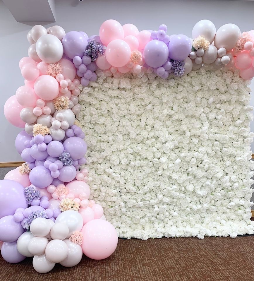 balloon white flower wall birthday backdrop